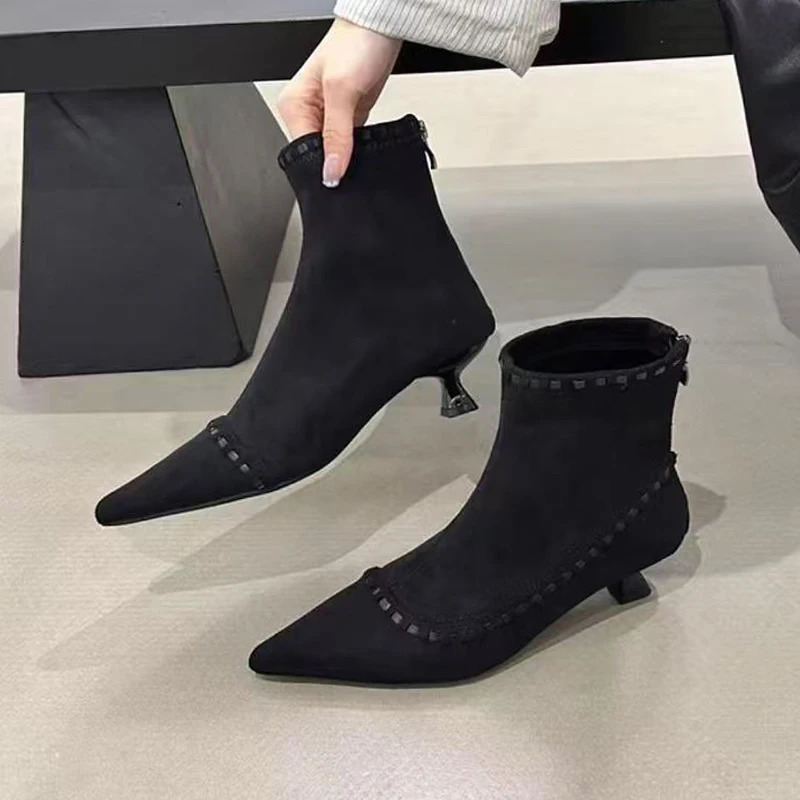 Pointed Toe Womens Ankle Boots Suede Mid Heels Shoes Fashion Dress Winter Boots er Short Botas De Mujer 251110