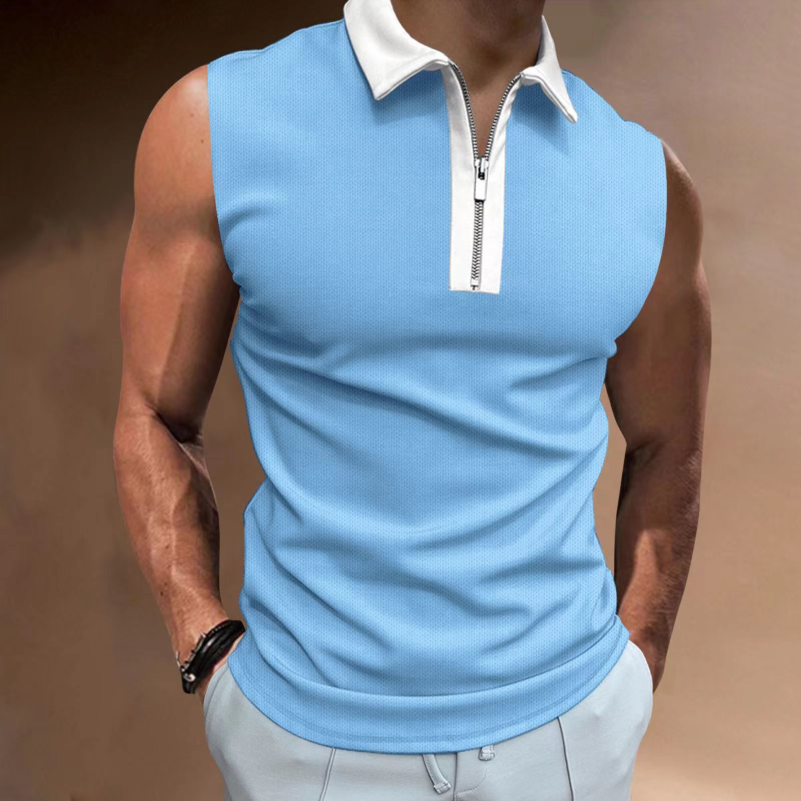 Mens T-shirt 2025 New Color Matching Thin Sleeveless POLO Top Casual Men