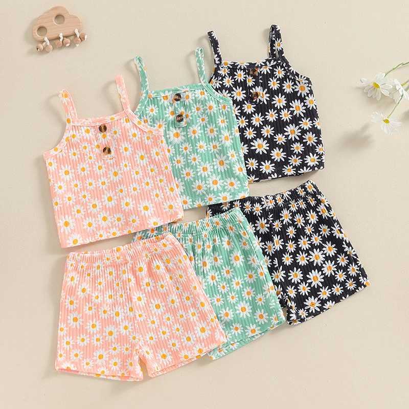 Pudcoco Kids Baby Girls Summer 2-piece set daisy print sleeveless bodysuit elastic shorts set fashionable cute clothes 1-5TXJ250410