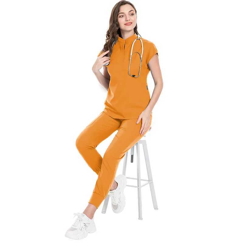 Top+Pant Medical Uniform Surgical Matte Shirt Short Slve Pet Store Doctor Nurse Nursing Uniform Set Womens Work Clothes Matte X250410