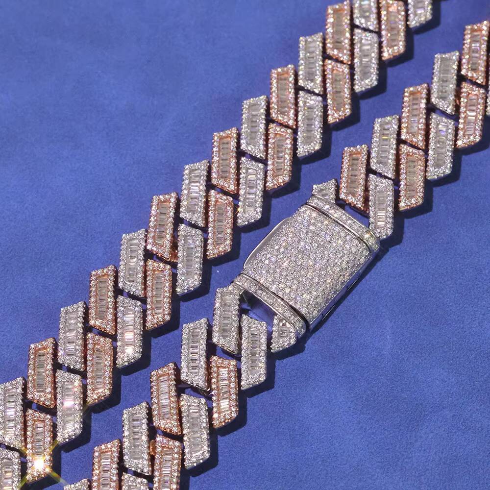 NUOYA 925 Sterling Silver Iced Prong Cuban Chain Necklace Hip Hop Bling Baguette Moissanite Diamond Cuban Chain Womens Jewelry