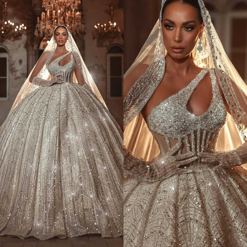 Luxurious Sequined Wedding Dresses Ball Gown One Shoulder Sleeveless Vestido De Noiva Beaded Sequined Bridal Dress Customized