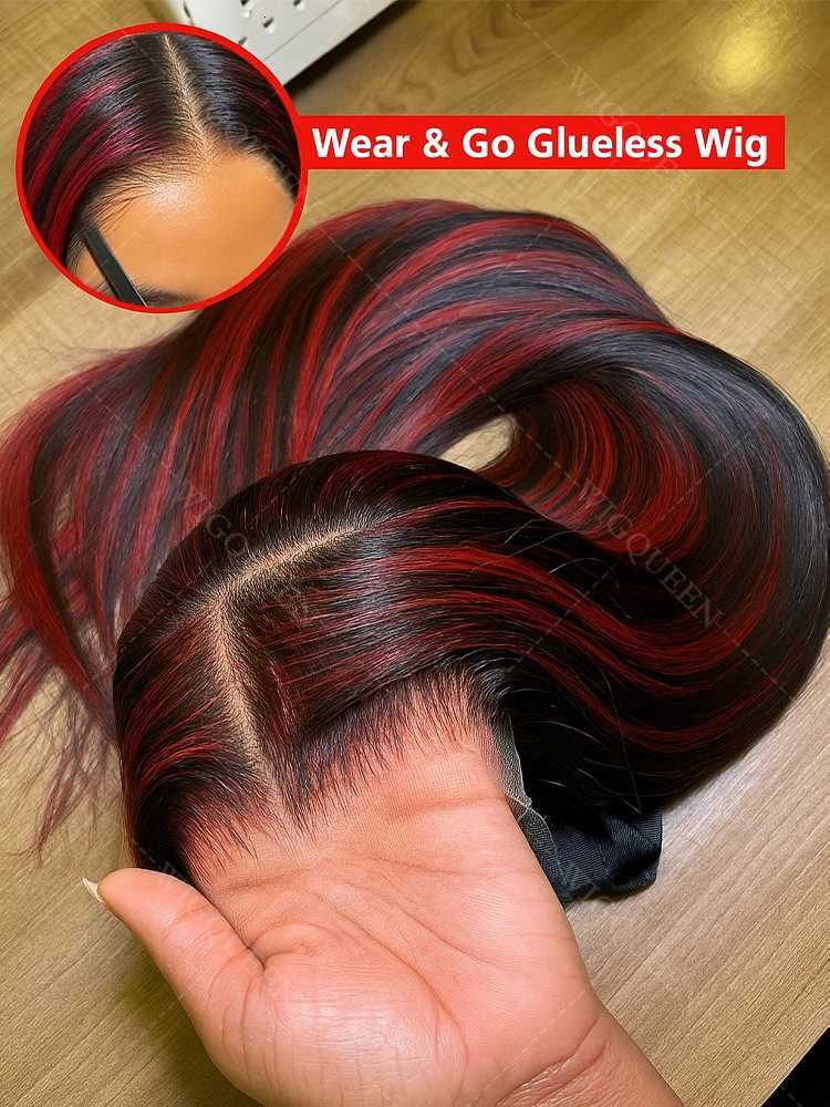 No Silk 1B/99J Highlight Straight 5x5 Glueless Wig Human Hair Vietnamese PrePlucked Ombre Red With Black Colored Lace Front WigsT251111