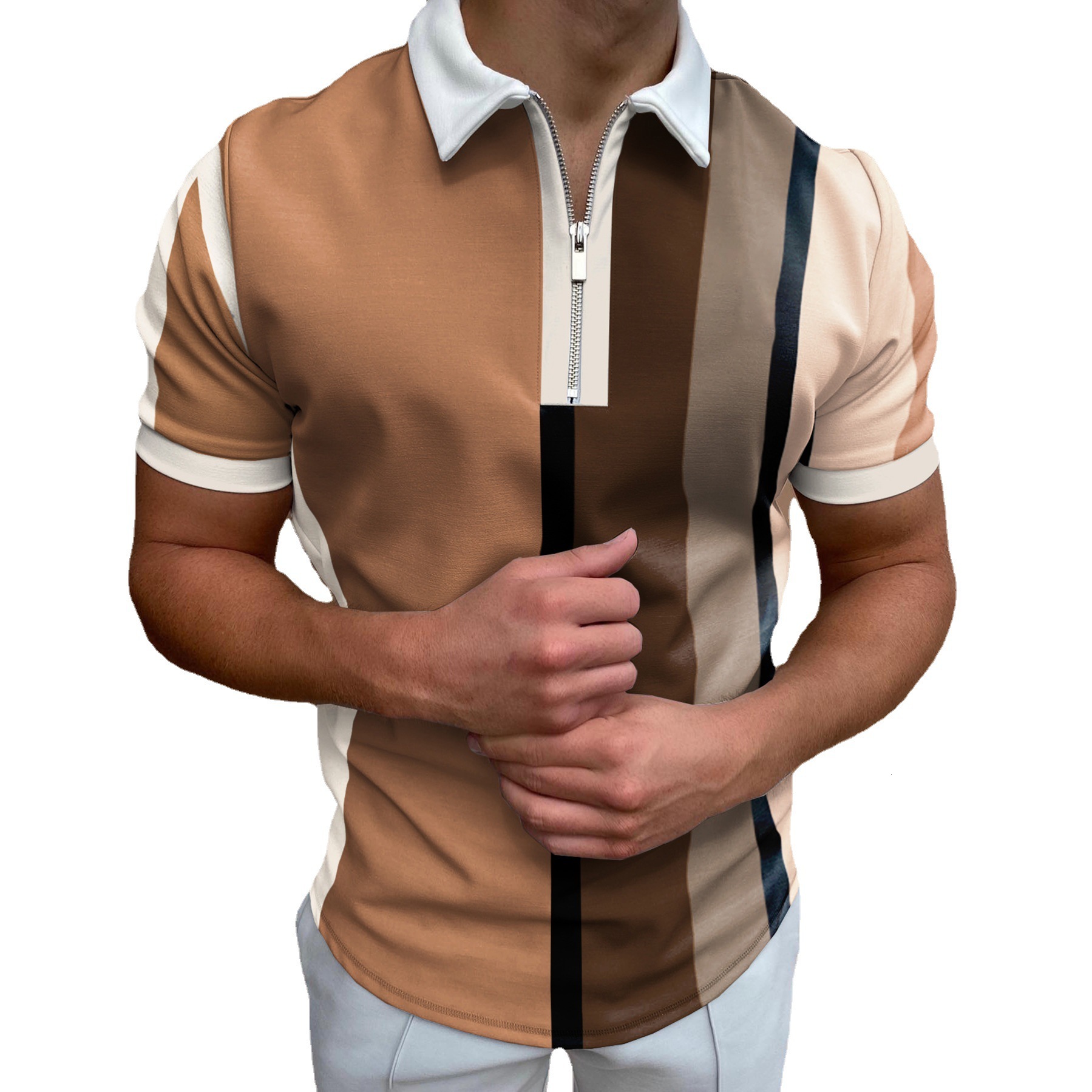 Polo Lapel summer ordinary Casual Short Khaki stripe summer everyday T-shirt