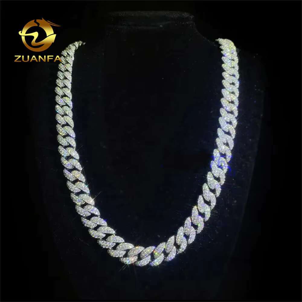 Zuanfa Hip Hop Bling 2 Rows 12mm 24 Moissanite Diamond Iced Out Cuban Chain Necklace Cuban Link Chain