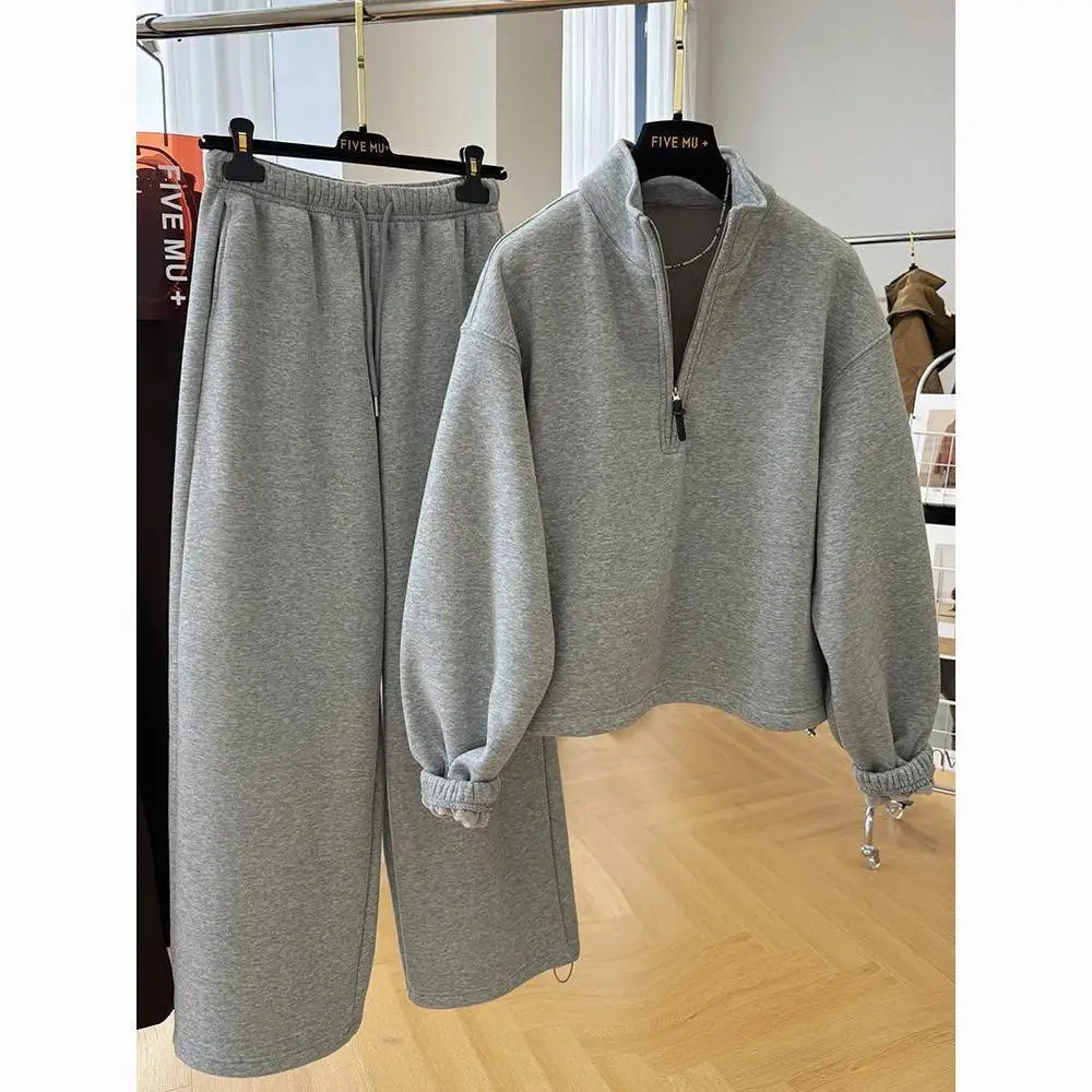 BAFU Autumn Winter Fleece Grey Sprotwear Women Zipper Pullover HoodieDrawstring Wide Leg Pants Casual Loose Tracksuit 004F 251105