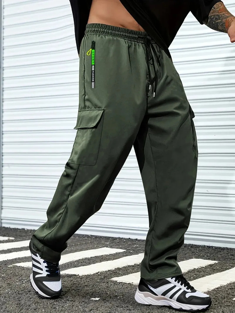 1pc Men Lightweight Cargo Pants with Drawstring Elastic Waist Multiple Zipper Pockets Large Side Pockets Breathable Regular Fit 251110