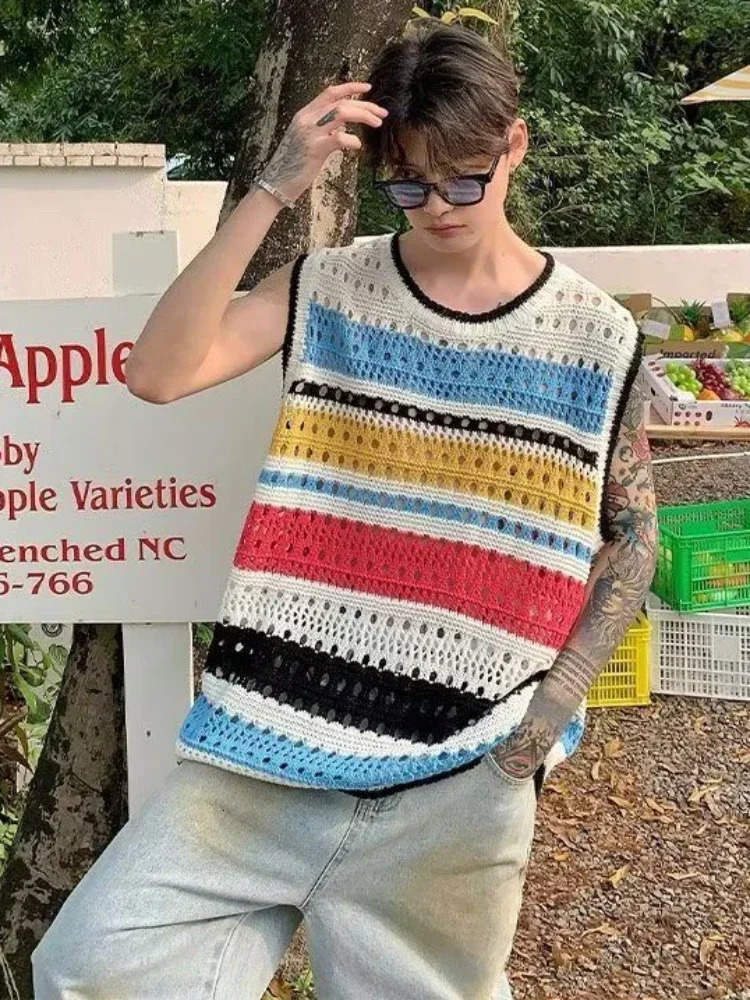 Knitted Sweaters for Men Waistcoat Mesh Striped Sleeveless Man Clothes Vest Green Maletry Warm Overfit Spring Autumn In Fun 251104