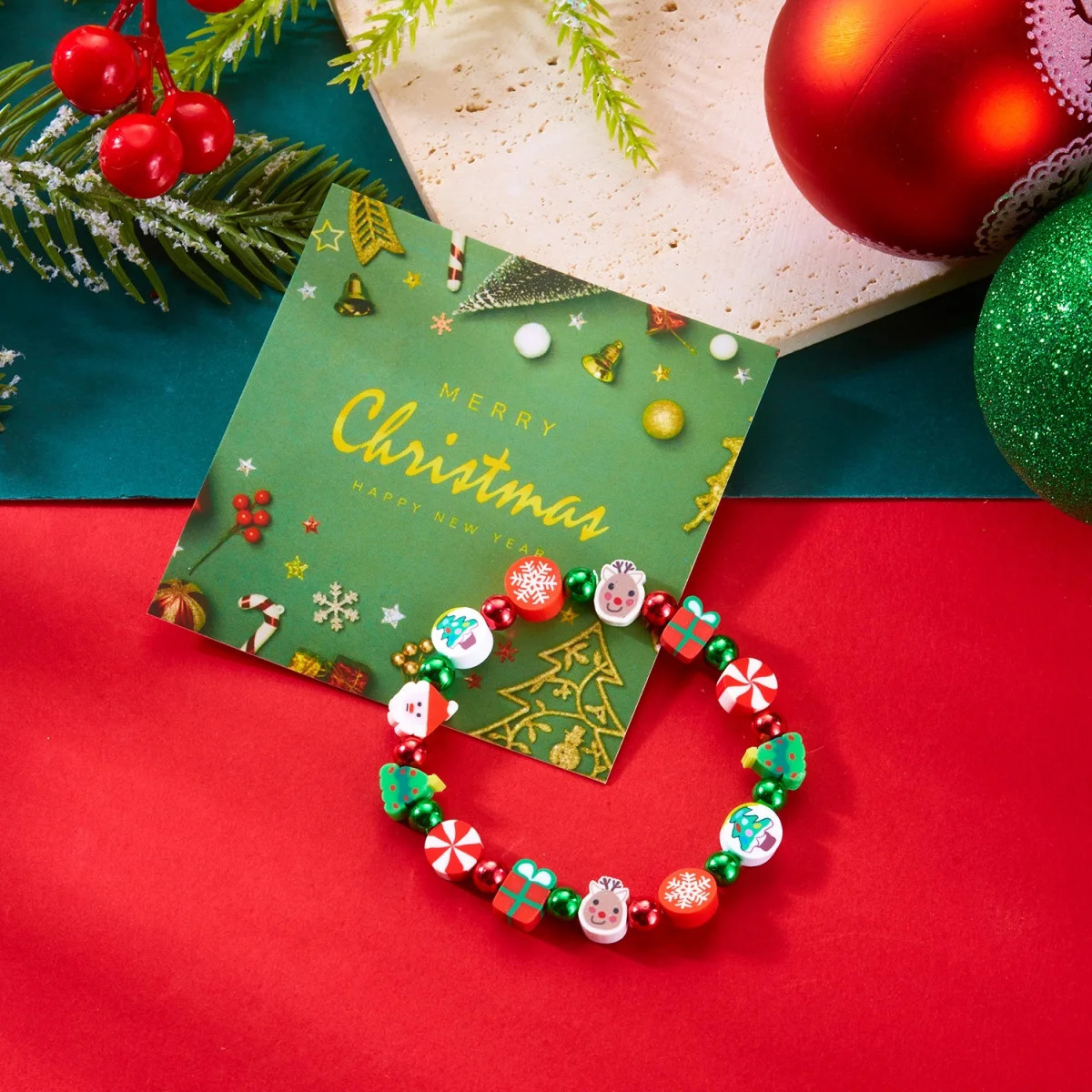 Christmas Bracelet Soft Clay Santa Claus Reindeer Tree Snowflake Gift Box Candy Snowman Beaded Bangle For Women Men Jewelry 251103