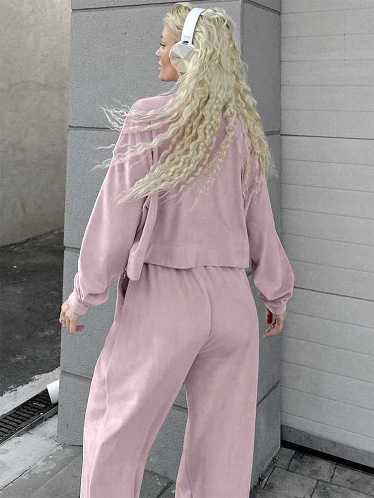 Trendix Velvet Pants 2PCS Set Womens Zipper Long Sleeve Fashion Coat Loose High Waist Lace Top Pants Set Womens SetW250411