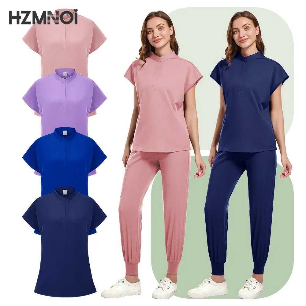 Medical Nursing Scrubs Suit Women Blouse Short Slved Nurse Working Uniforms Solid Color Pet Veterinary Work Clothes X250410
