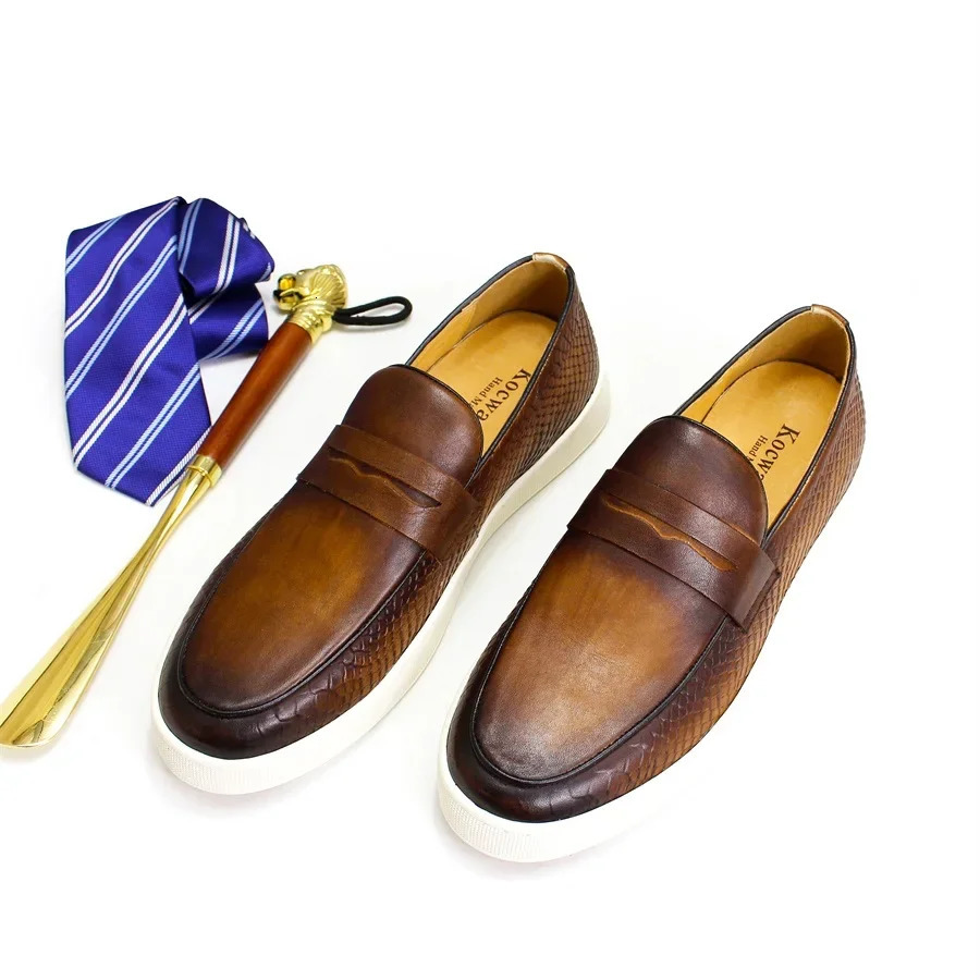 Handmade Genuine Leather Mens Loafers Red Pattern Penny Slip-On Dress Flats for Office Wedding Party 251106