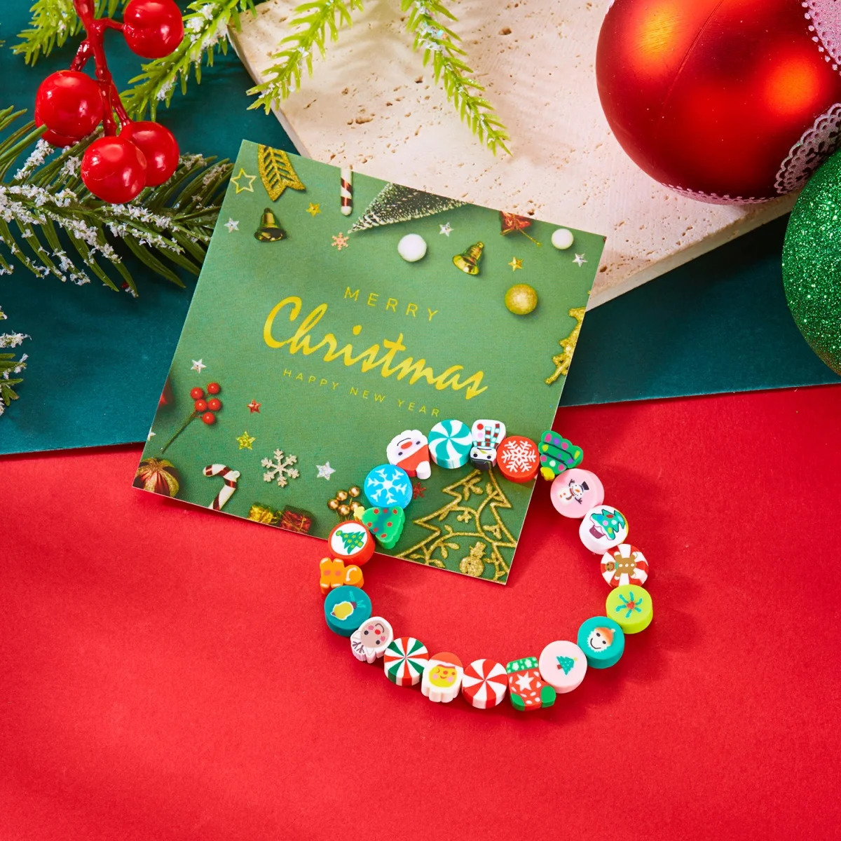 Christmas Bracelet Soft Clay Santa Claus Reindeer Tree Snowflake Gift Box Candy Snowman Beaded Bangle For Women Men Jewelry 251103