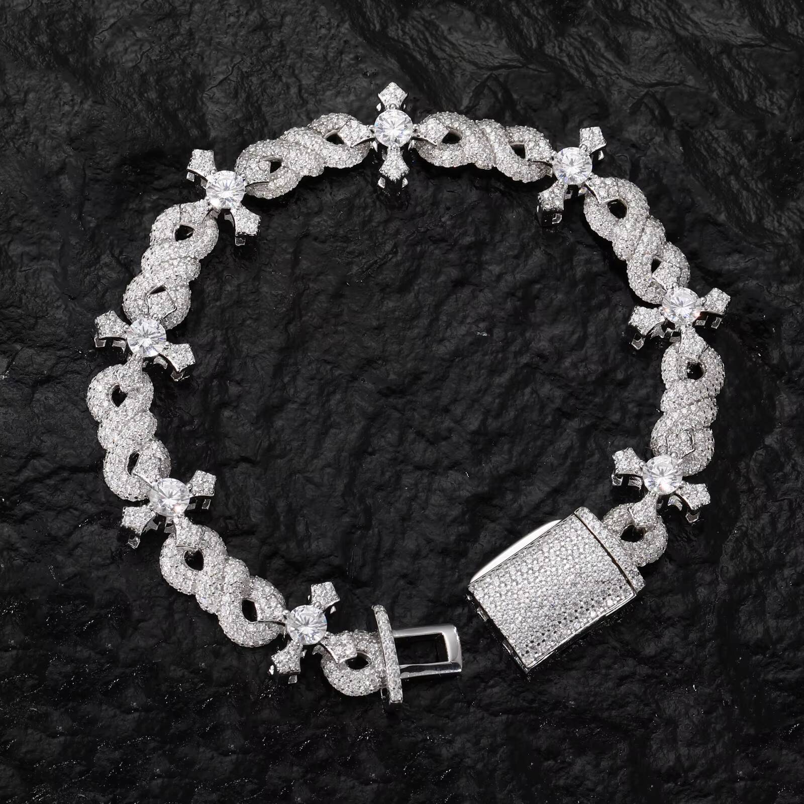 Hip Hop Jewelry 12mm White Gold 925 Sterling Silver VVS Moissanite Diamond Iced Out Infinity Cross Link Bracelet