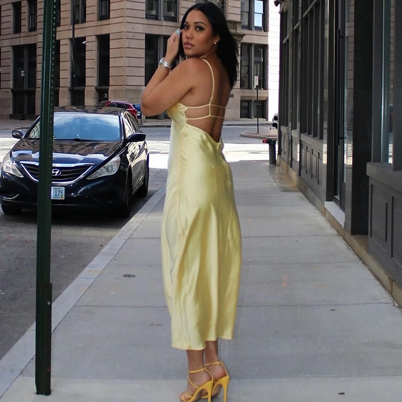 TRAF Yellow Dress Summer Dress For Women Satin Backless V Neck Midi Dresses Elegant Evening Party Dress 2025 Holiday Strap Dress 250410