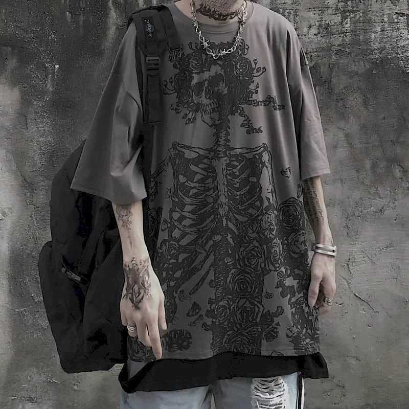 Ultra fine mens T-shirt summer T-shirt dark street gothic printed skeleton cotton short sleeved T-shirt Harajuku mens T-shirt M250411
