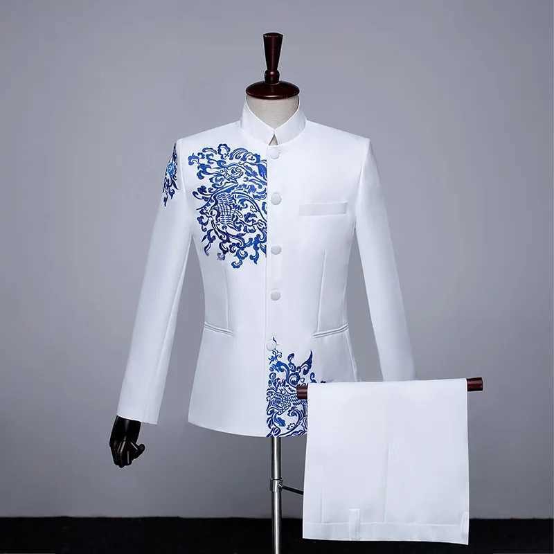 New mens stand up collar embroidery set 2-piece fashionable mens business social wedding dance stage performance dress jacket pants W250410