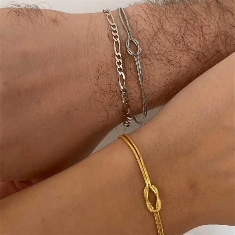 Stainless Steel Couple Bracelets Vintage Double Layered Gold Color Knot Snake Chain Bracelet for Women Waterproof Jewelry GiftC250410