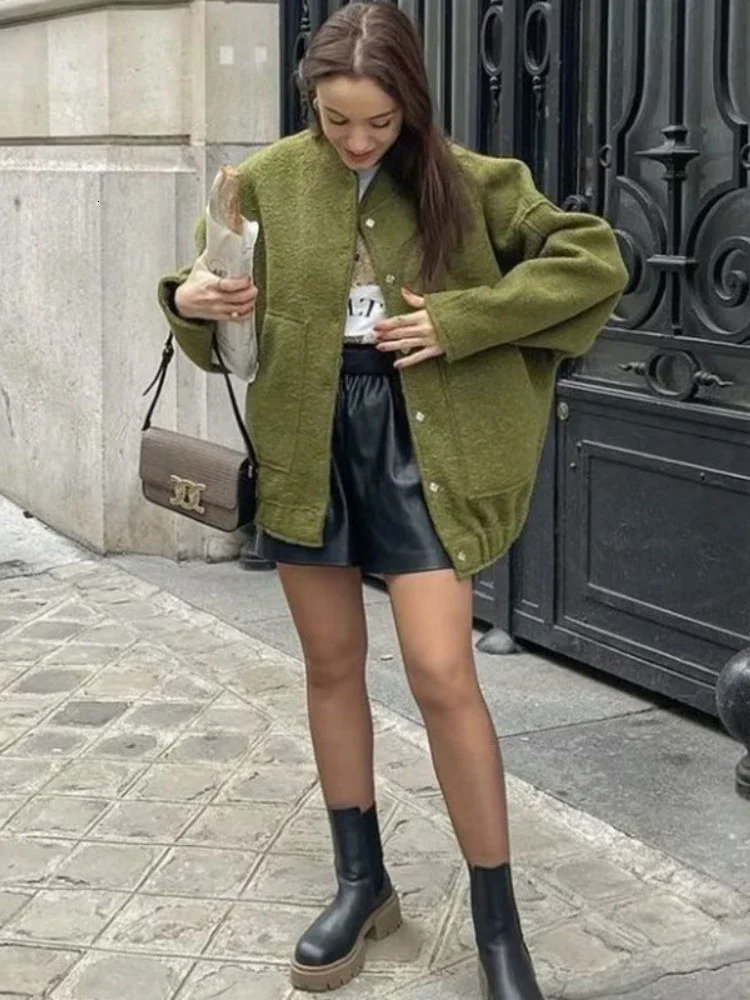 Womens Pocket Decorative Hidden Button Loose Versatile Oversized Bomber Jacket Round Neck Long Sleeve Casual Top Coats 251105