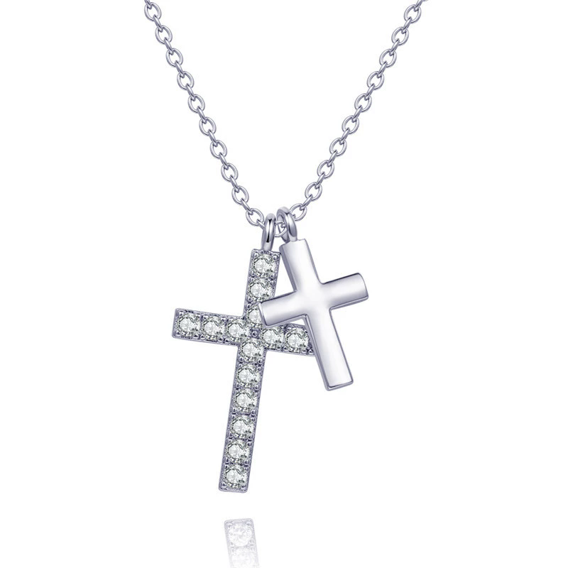 Luxury Titanium SteelCubic Zirconia Double Cross Pendant Necklace Religious Charm 18K Gold Silver CZ Crystal Neckalce Diamonds Christian Necklace Jewe