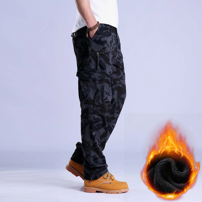 Autumn Winter Mens Cargo Pants Fleece Warm Trousers Cotton Pants Insulated Hiking Running Pants Man Multiple Pockets 251110