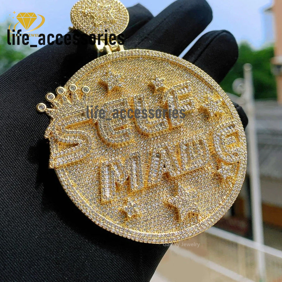 Hiphop Jewelry 925 Sterling Silver Gold Plated Necklace Iced Out Full VVS Moissanite Diamonds Rappers Round Custom Pendant