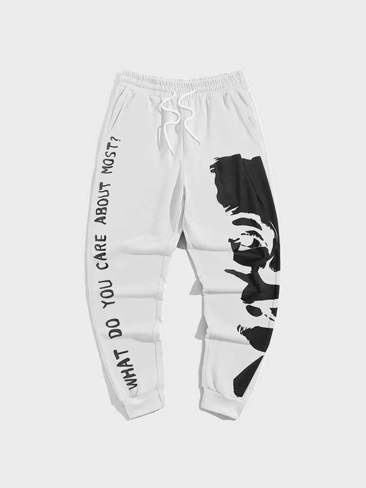 Black and white graffiti mens pants fashion gym sports pants Korean popular clothing hip-hop 3D printing Y2k mens clothing winter close-up pantsXJ2504