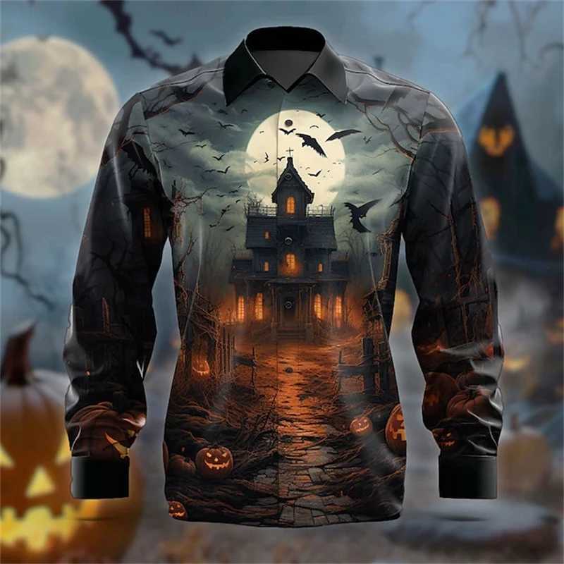 Halloween Long Sleeve Shirt Mens 3D Printed Pumpkin Head Pattern Shirt Fashion Casual Comfortable Party Dress 2024 Mens Street K251110