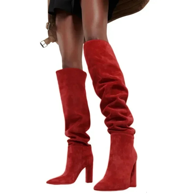 Womens Suede Thick High-heeled Sleeve Knee High Boots European and American Fashion Runway Shoes Shoes 251106
