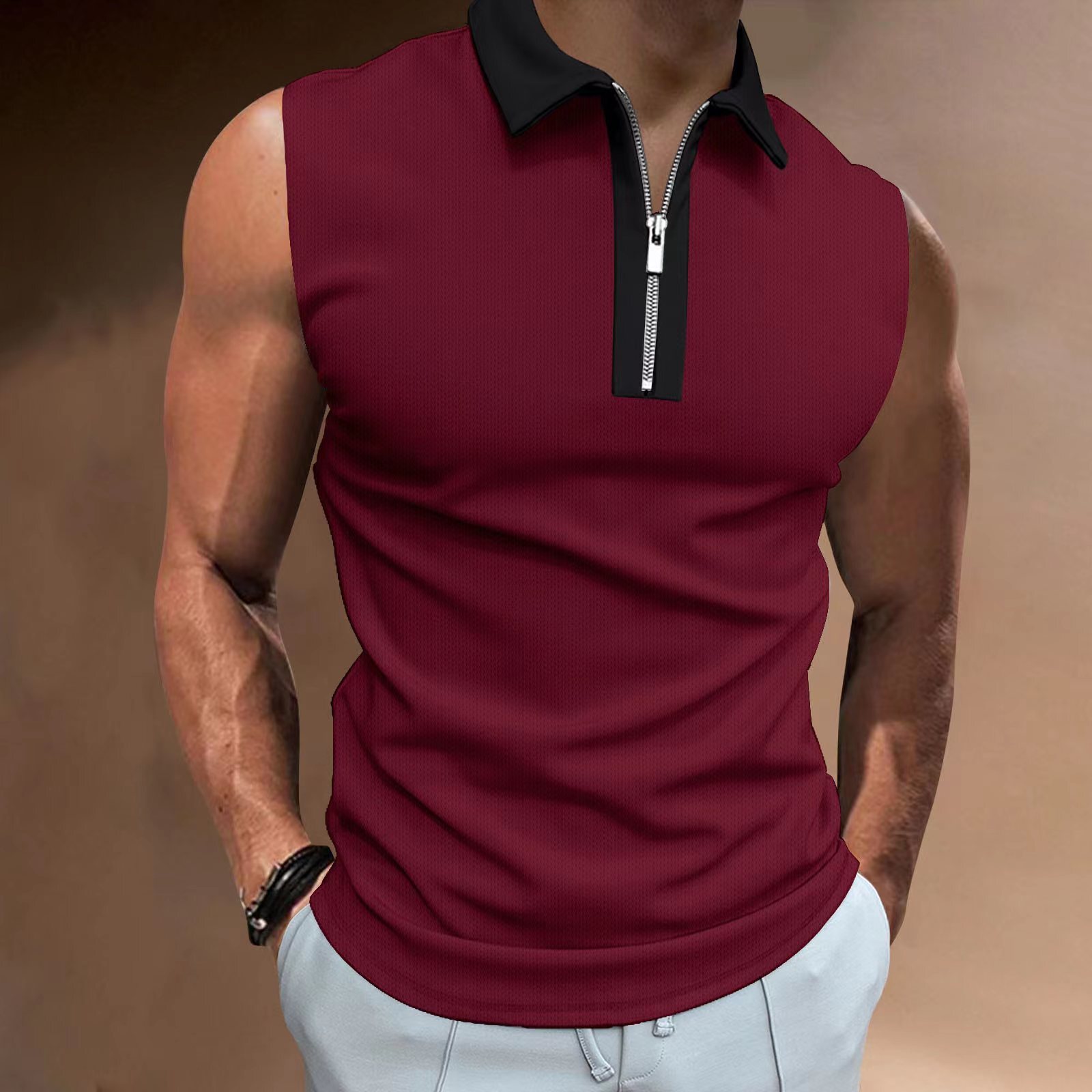 Mens T-shirt 2025 New Color Matching Thin Sleeveless POLO Top Casual Men