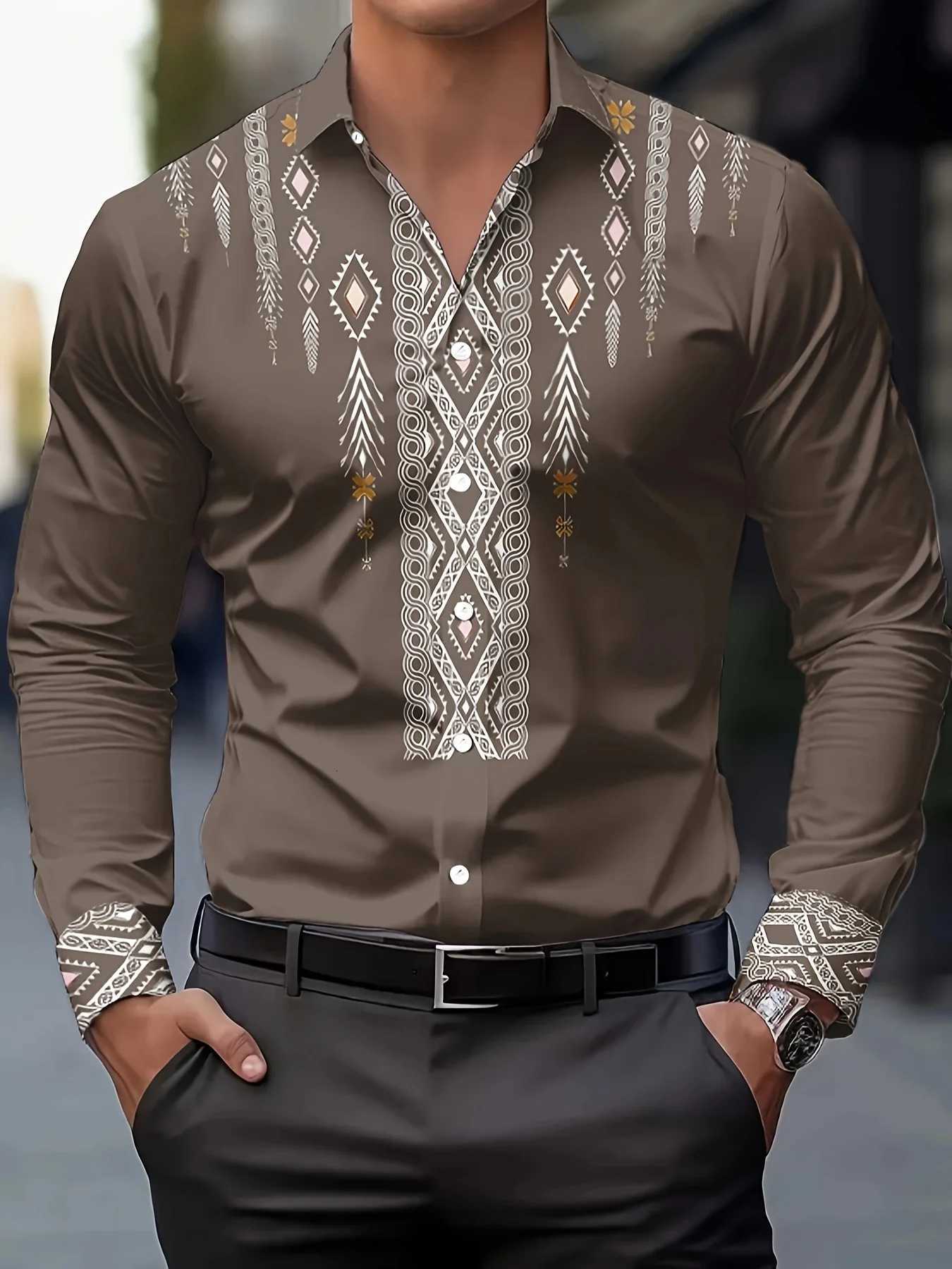 Mens Ethnic Print Casual Shirt - Breathable Long Sleeve Button-Up with Geometric Pattern Regular Fit Machine Washable K251110