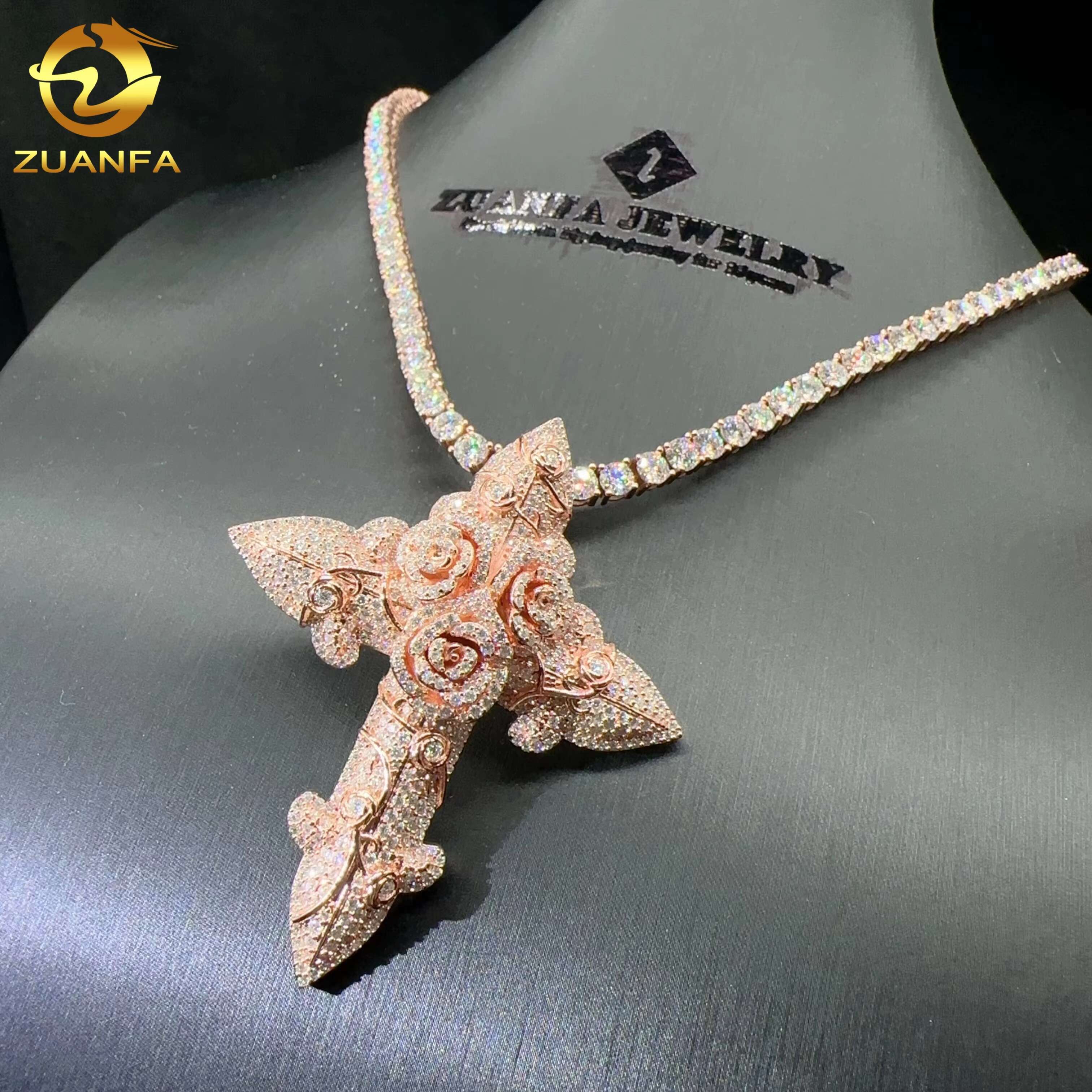 Custom Tennis Chain Pendant Sterling Silver 925 Vvs Moissanite Hip Hop Iced Out Jewelry Fashion Cross Pendant