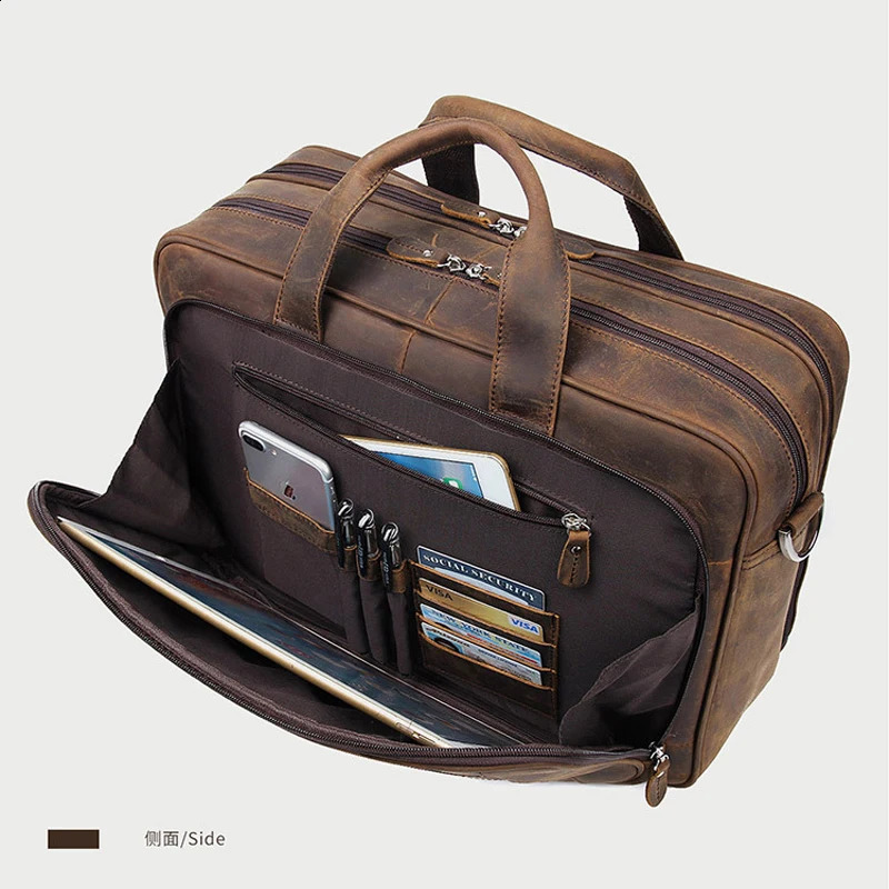 High quality genuine leather mens briefcase business bag Crazy Horse large 17 inch notebook combination office 250409