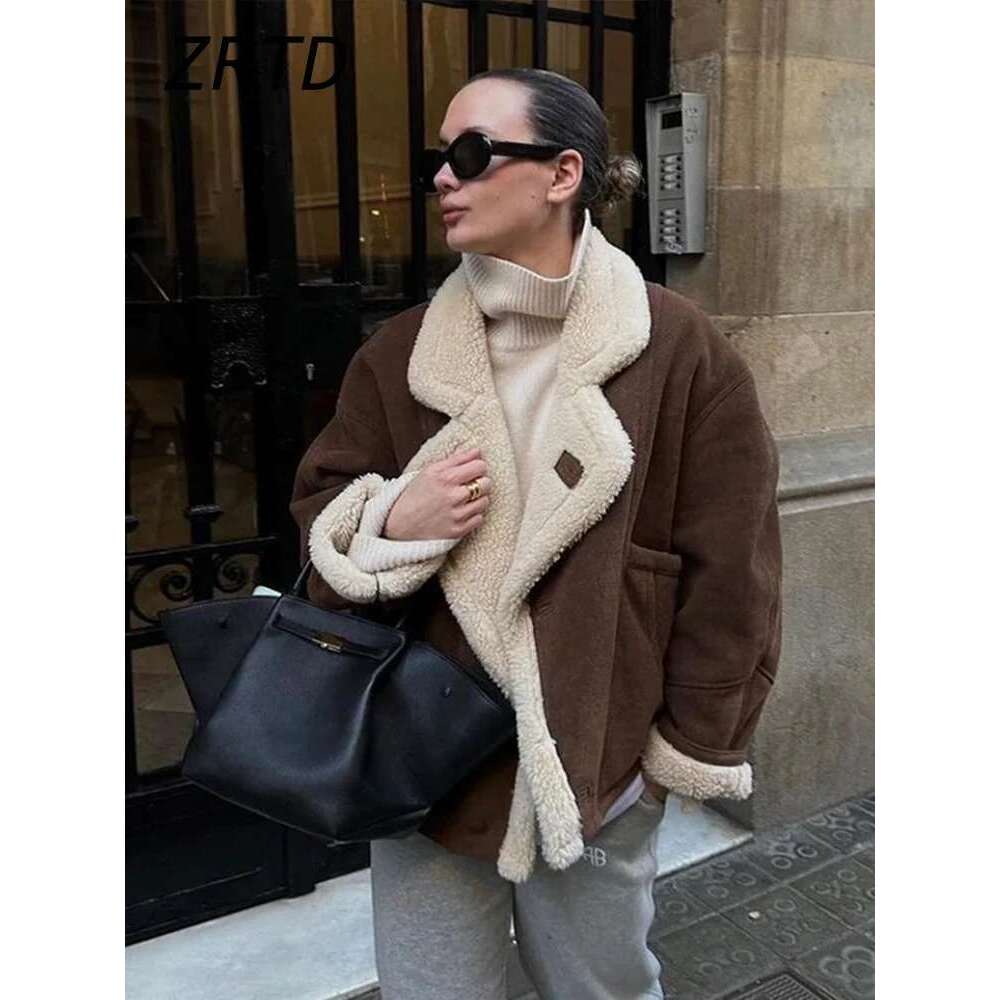Casual Women's Fleece Coats Loose Lapel Single Breasted Pocket Full Sleeve Jacket 2024 Autumn Winter Lady Vintage Warm Overcoat