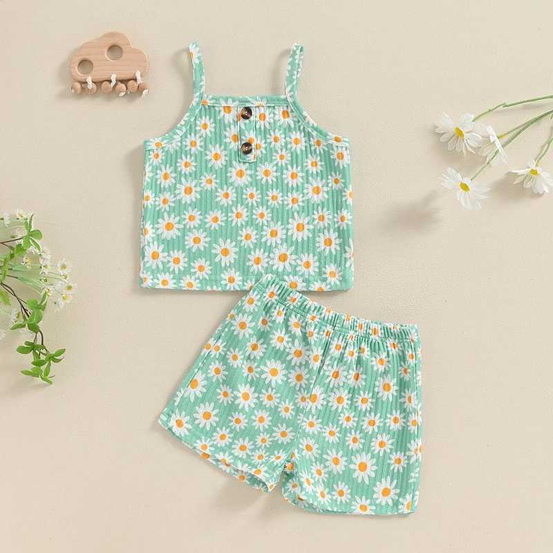 Pudcoco Kids Baby Girls Summer 2-piece set daisy print sleeveless bodysuit elastic shorts set fashionable cute clothes 1-5TXJ250410