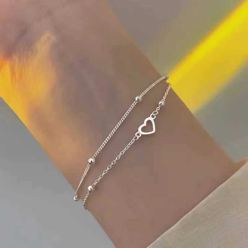 925 Sterling Silver Double Love Heart Hollow Round Beads Bracelet Female Fashion Romantic Jewelry Classic Adjustable GiftsC250410