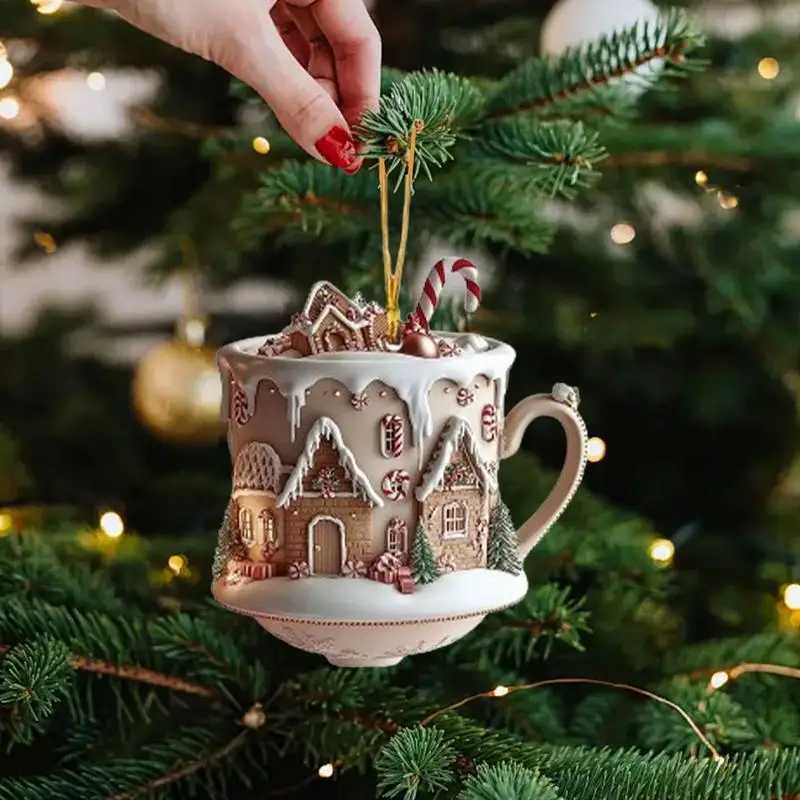 Coffee Cup Ornaments For Christmas Tree 2D Acrylic Christmas Snow Houses Chocolate Mug Pendant Christmas Tree Car DecorM251111