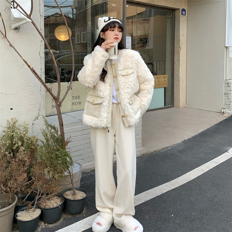 Designer Women's Jackets Small Fragrance Coats Solid Color Turn Down Collar Long Sleeve Pockets Lamb Wool Short Winter All Match Clothing