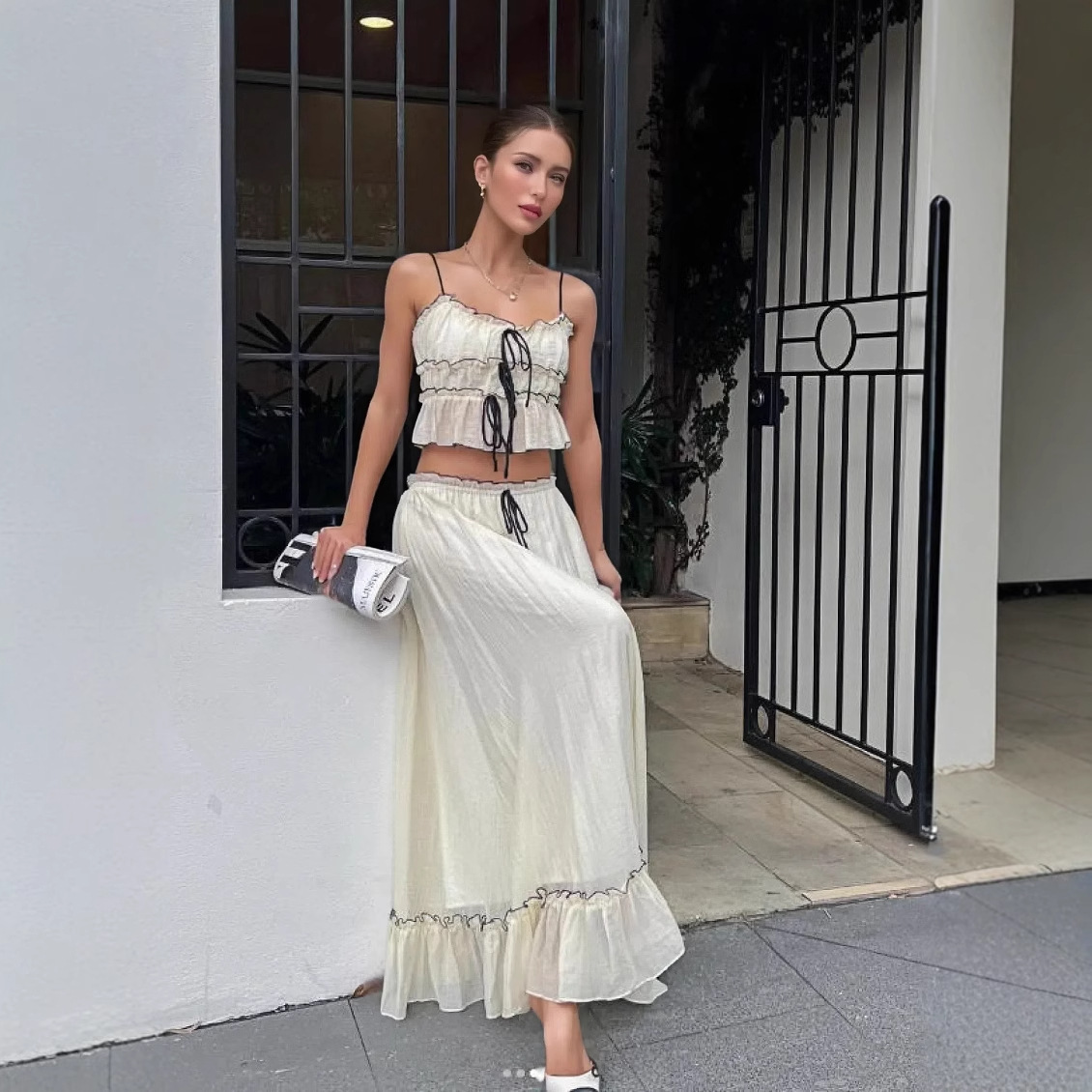 New women's clothing 2025 summer suspender bow sweet top pleated fairy half skirt set