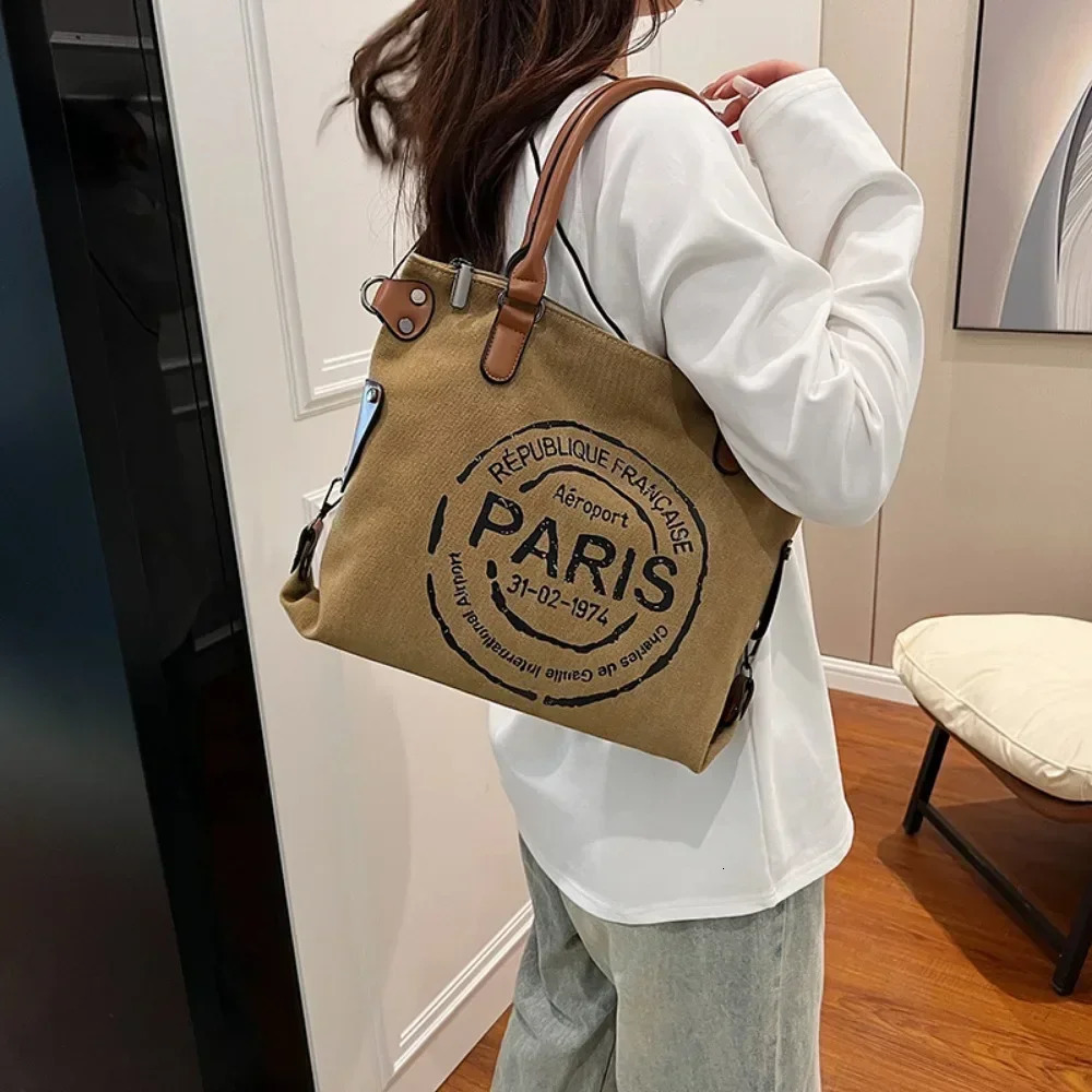 Large Retro Canvas Tote Bag Adjustable Shoulder Strap Vintage Paris Stamp Print Stylish Crossbody for Women 251110