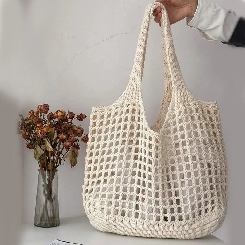 Womens crochet handbag hollow beach bag large capacity fashionable knitted solid color casual shopping 250401