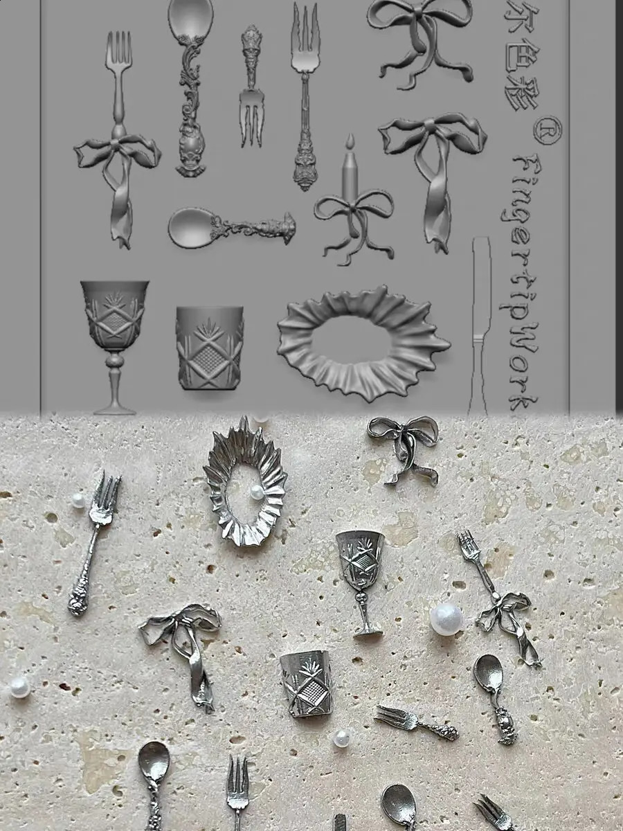 1Pc Silk Lace Rose Baroque Spoon Fork Clock Gear 3D Acrylic Mold Nail Art Decorations DIY Silicone Nail Templates Nail Mold 250410
