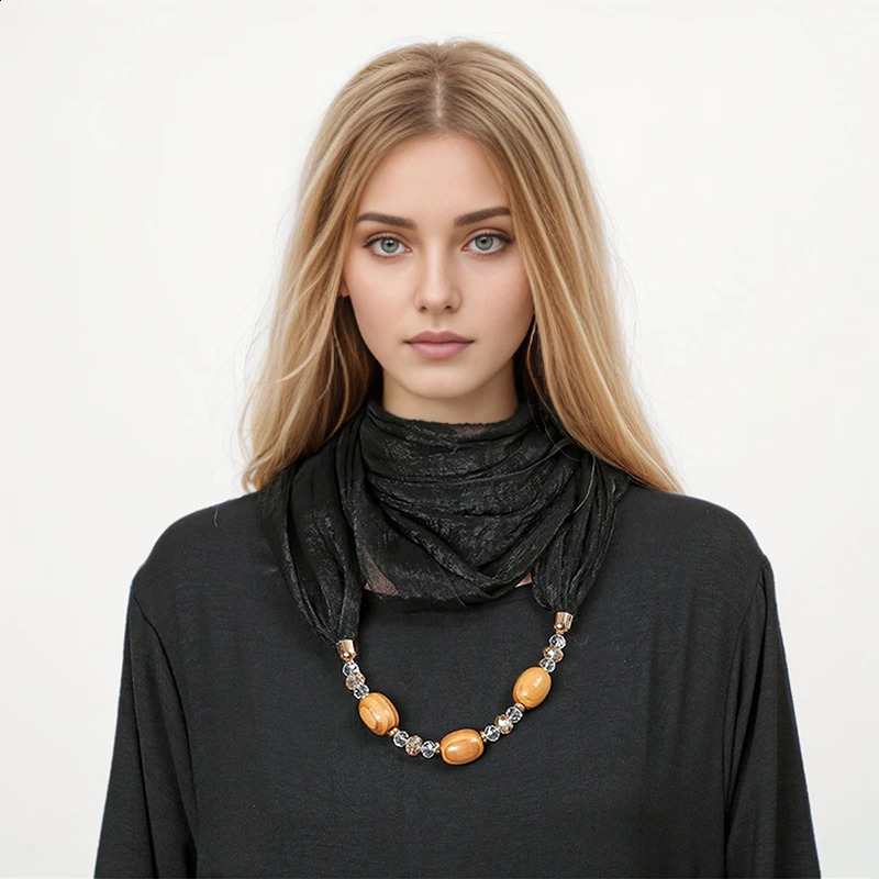 Wholesale Polyester Solid Collar Scarf Gorgeous Bead Pendant Jewelry Necklace Jewelry Ring Scarf Ethnic Islamic Shawl Scarf 250409