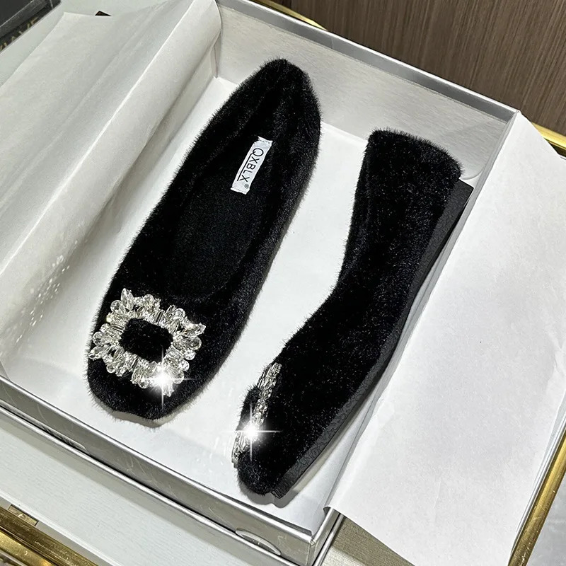 Rhinestone Buckle Fur Shoes Woman Rabbit Hair Flats Soft Furry Loafers Winter Square Toe Cotton Mocasines Mujer Fluffy Ballerina 251110