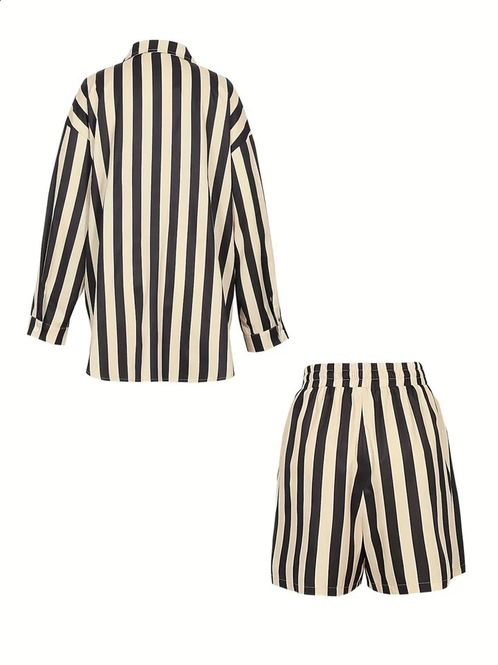 Plus Size Womens 2025 Spring and Summer Womens Striped Two Piece Shirt Long Sleeve Button Down Shorts Set 250410