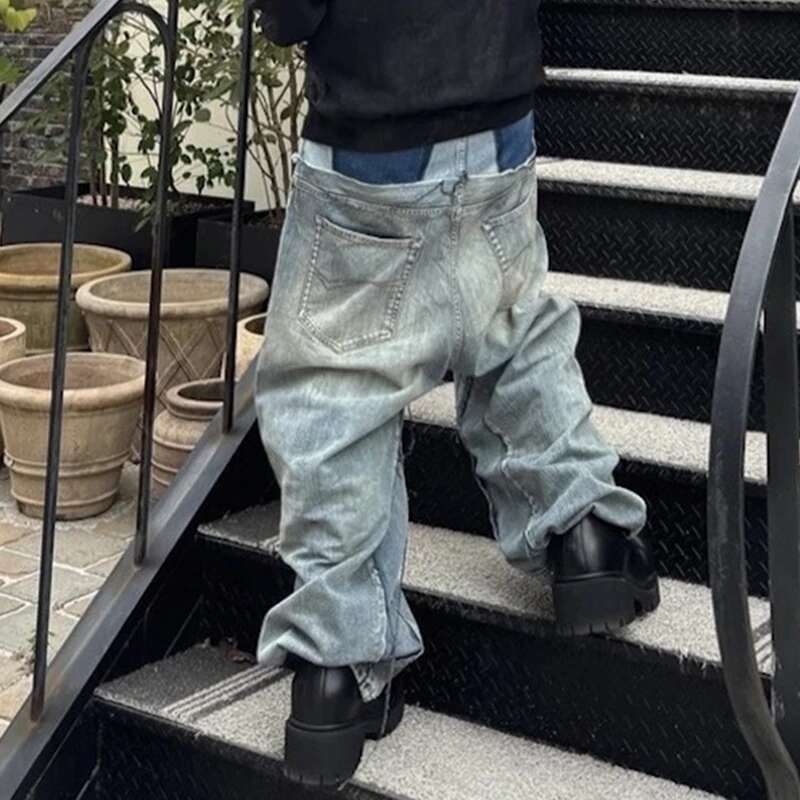 Double-Layer Double Waist Patchwork Baggy Jeans For Men And Women Straight Casual Loose Denim Trousers Oversized
