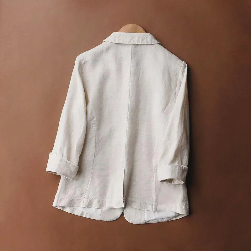 SpringSummer Womens One Third Sleeve Set Cotton Linen Jacket Flip Collar Pocket Top 250407
