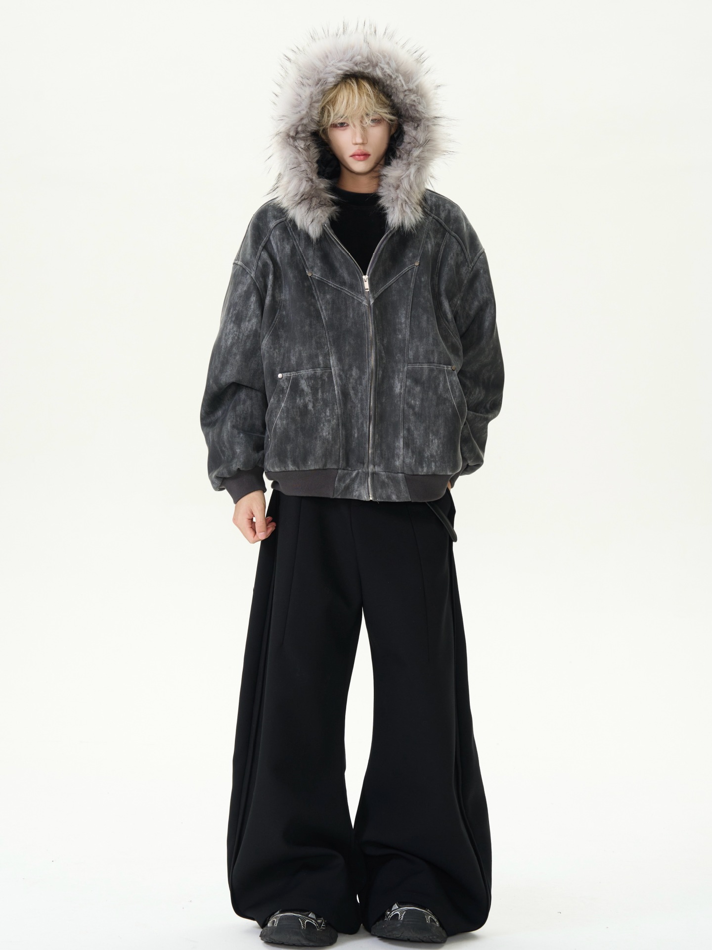 Men's Faux Fur Zip Jacket Y2k Collar High Street Fashion Design Pullover Harajuku Casual American Warm Thicken Cardigan Coat Parkas