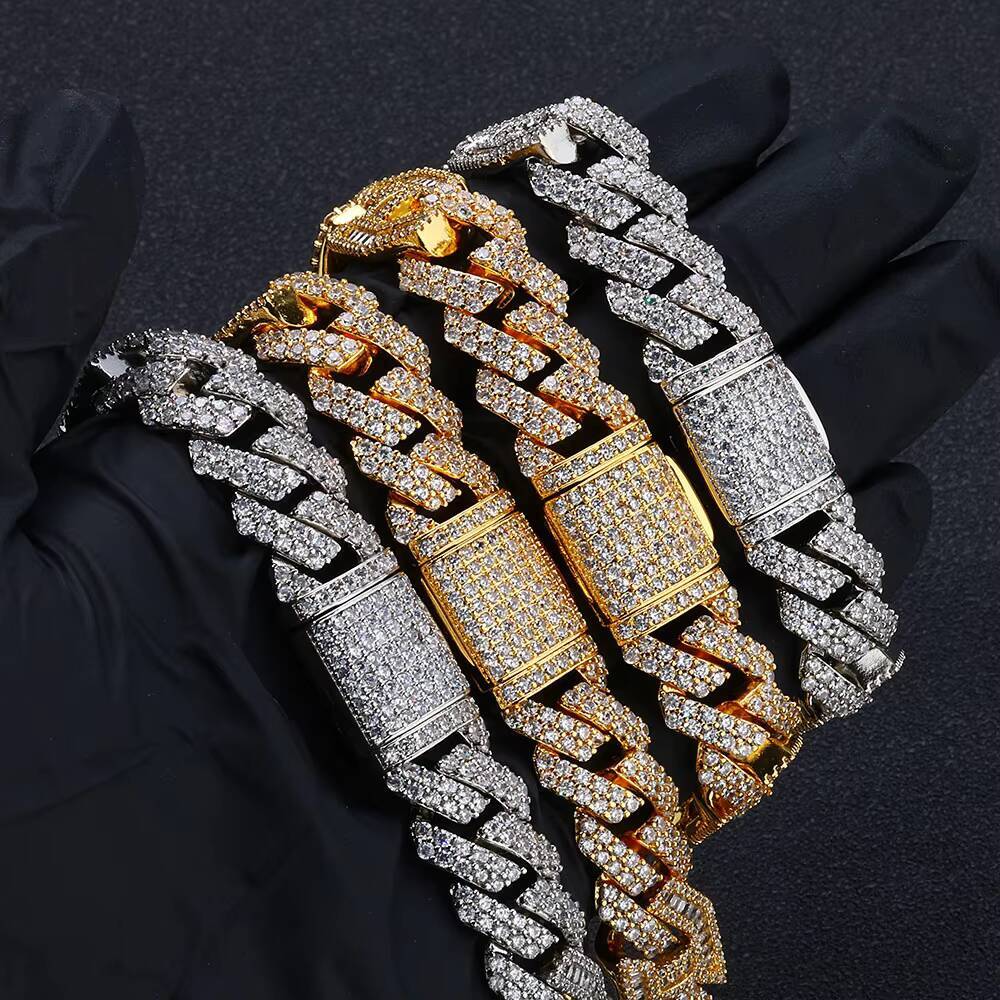 Hip Hop Jewelry Luxury 15mm Cuban Link Chain 925 Sterling Silver Jewellery VVS Moissanite Prong Cuban Chain Necklace for Women