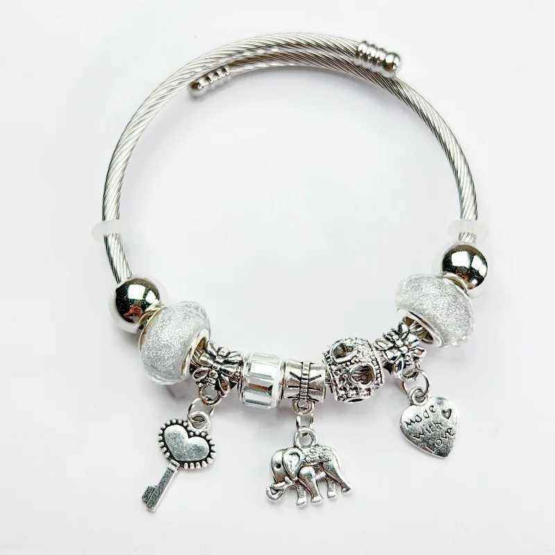 Adjustable Silver Color Alloy Elephant Heart Pendant Artificial Zircon Bangle Round Bead Bracelet Cuff for Women Elegant WeddingC250410